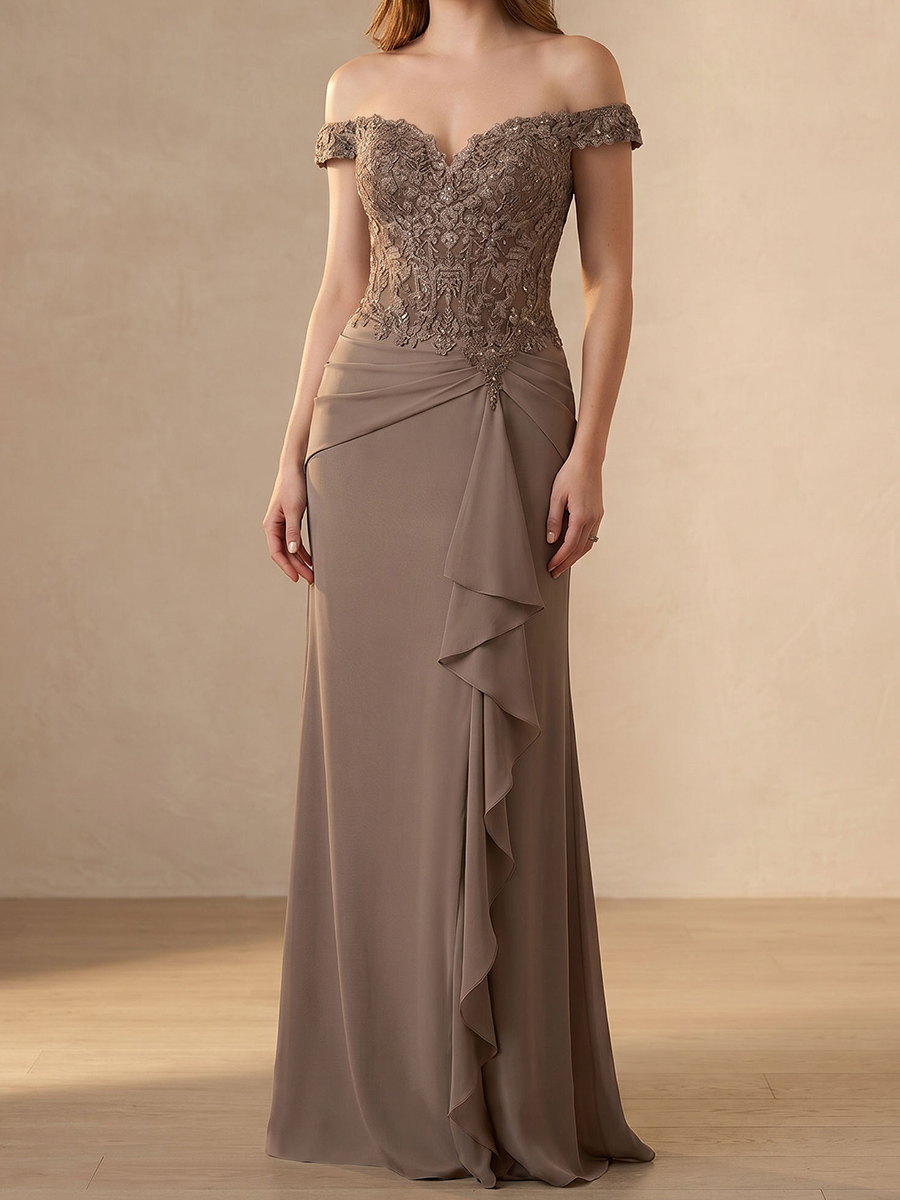 Sheath/Column Off-the-Shoulder Short Sleeves Beading Floor-Length Chiffon Mother of the Bride Dresses