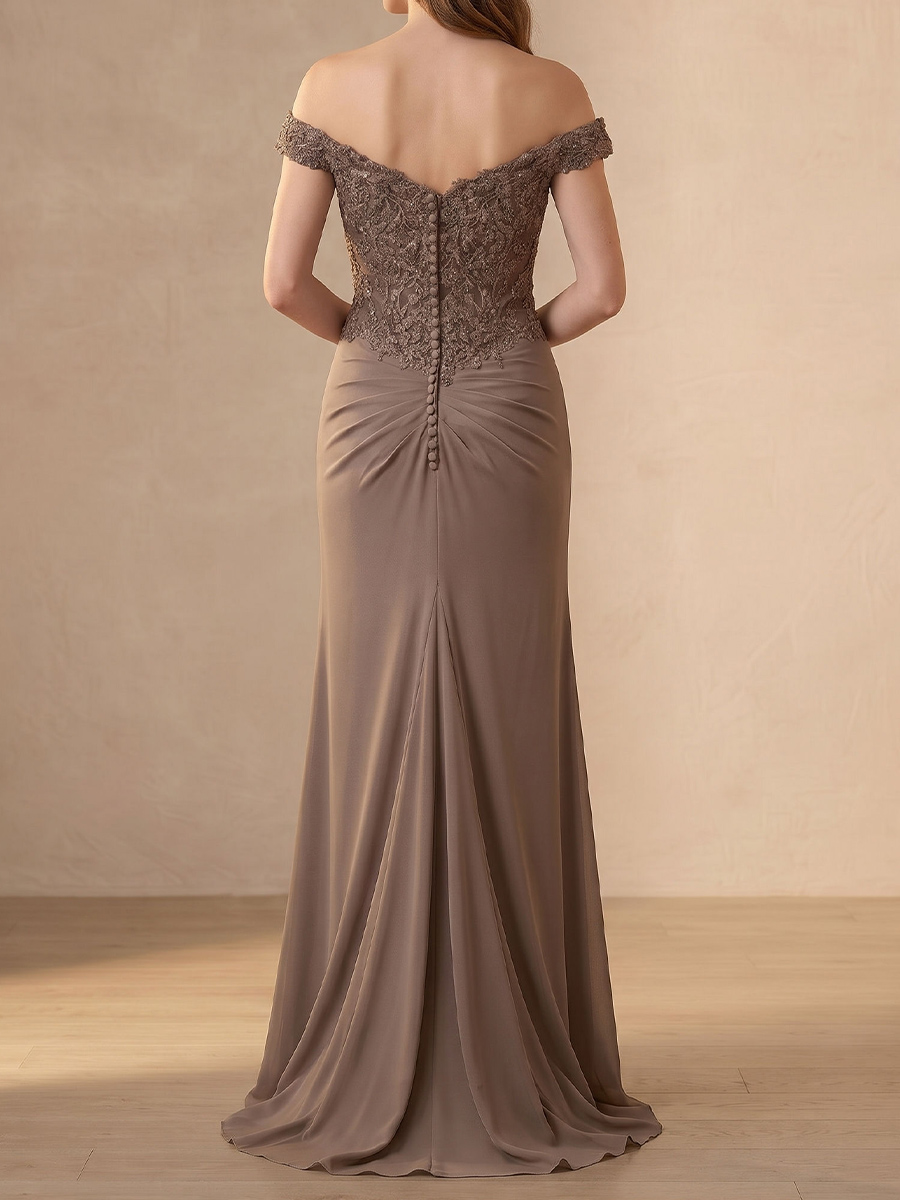 Sheath/Column Off-the-Shoulder Short Sleeves Beading Floor-Length Chiffon Mother of the Bride Dresses