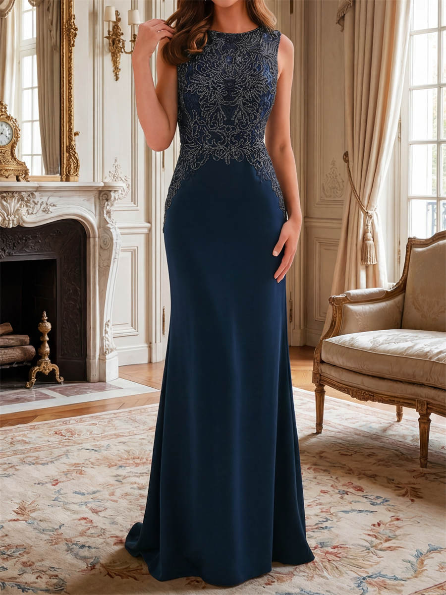 Sheath/Column Jewel Appliques Lace Sweep Train Satin Chiffon Mother of the Bride Dresses