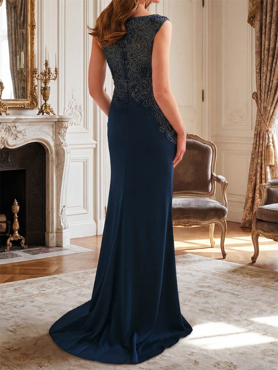 Sheath/Column Jewel Appliques Lace Sweep Train Satin Chiffon Mother of the Bride Dresses