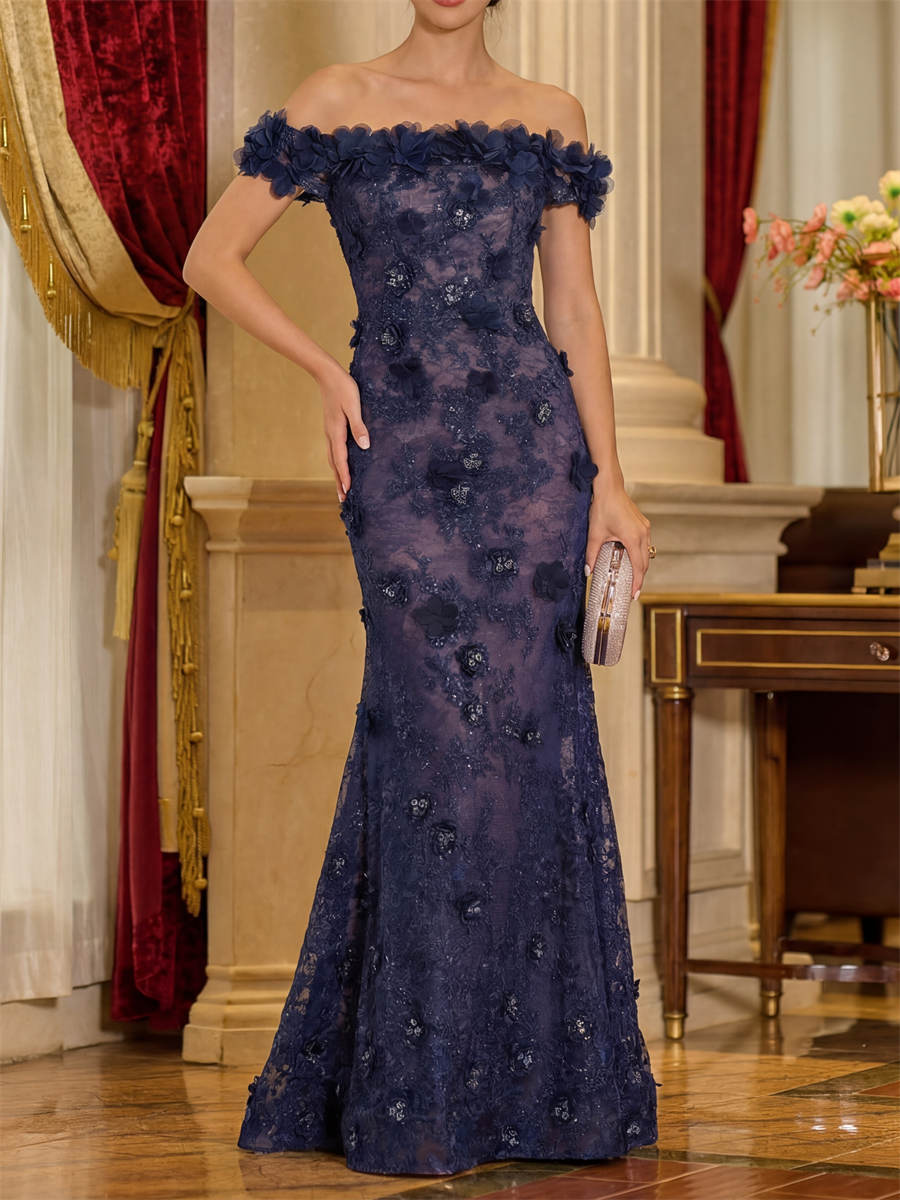 Sheath/Column Off-the-Shoulder Flower Sweep Train Lace Mother of the Bride Dresses