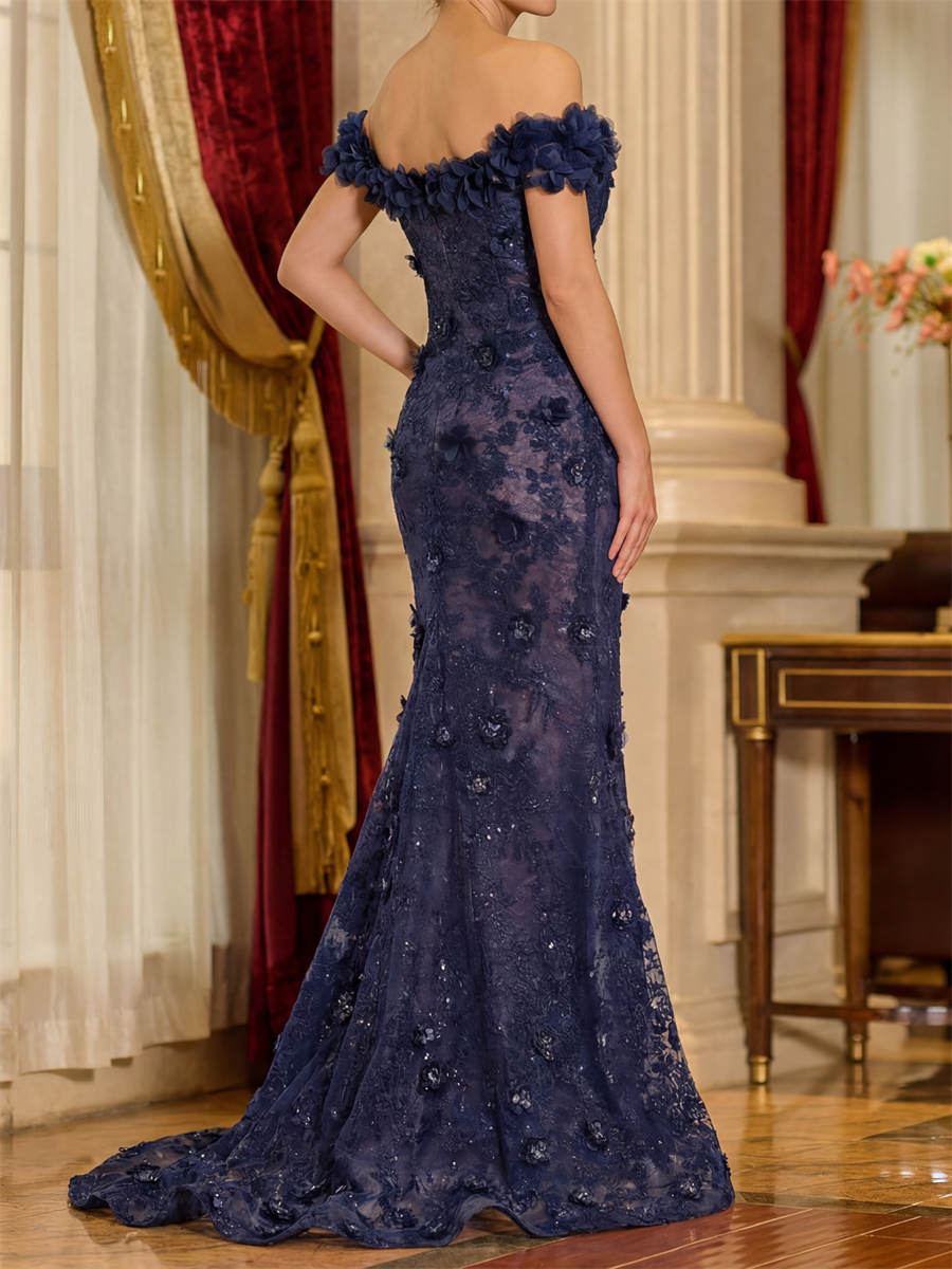 Sheath/Column Off-the-Shoulder Flower Sweep Train Lace Mother of the Bride Dresses