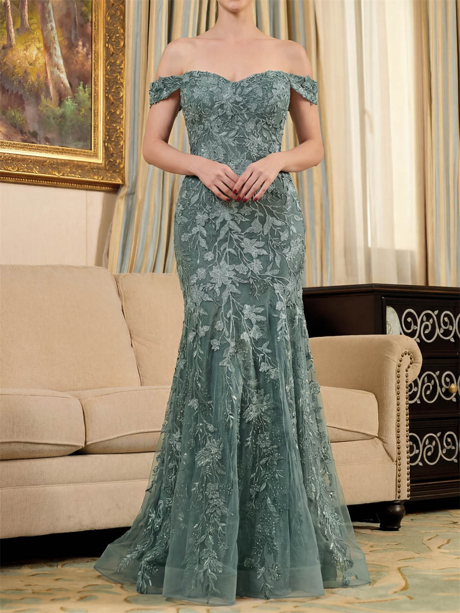 Trumpet/Mermaid Off-the-Shoulder Appliques Lace Sweep Train Tulle Mother of the Bride Dresses