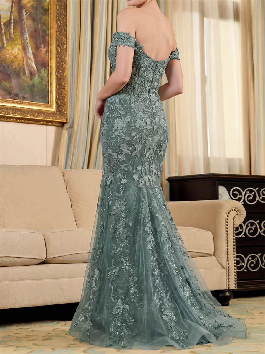 Trumpet/Mermaid Off-the-Shoulder Appliques Lace Sweep Train Tulle Mother of the Bride Dresses