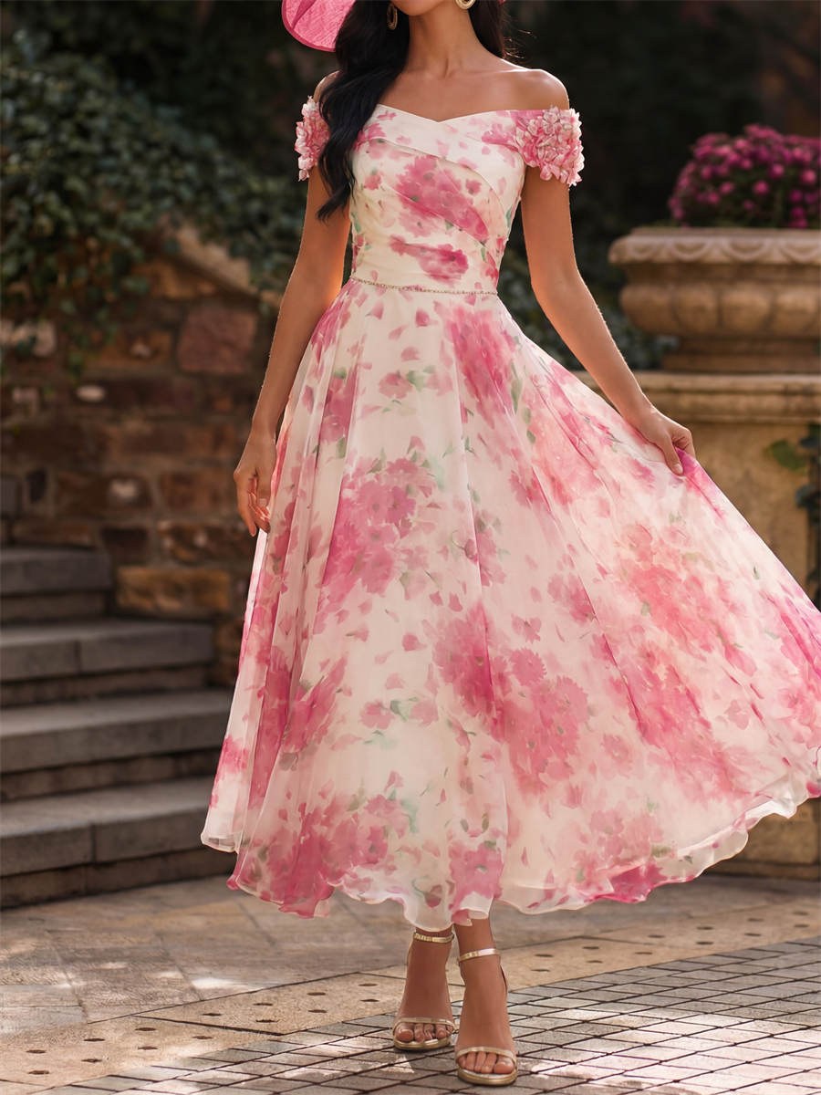 A-line/Princess Off-the-Shoulder Flower Tea-Length Chiffon Mother of the Bride Dresses