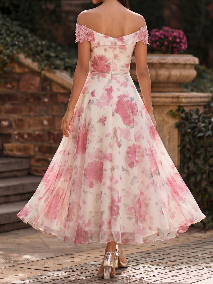A-line/Princess Off-the-Shoulder Flower Tea-Length Chiffon Mother of the Bride Dresses