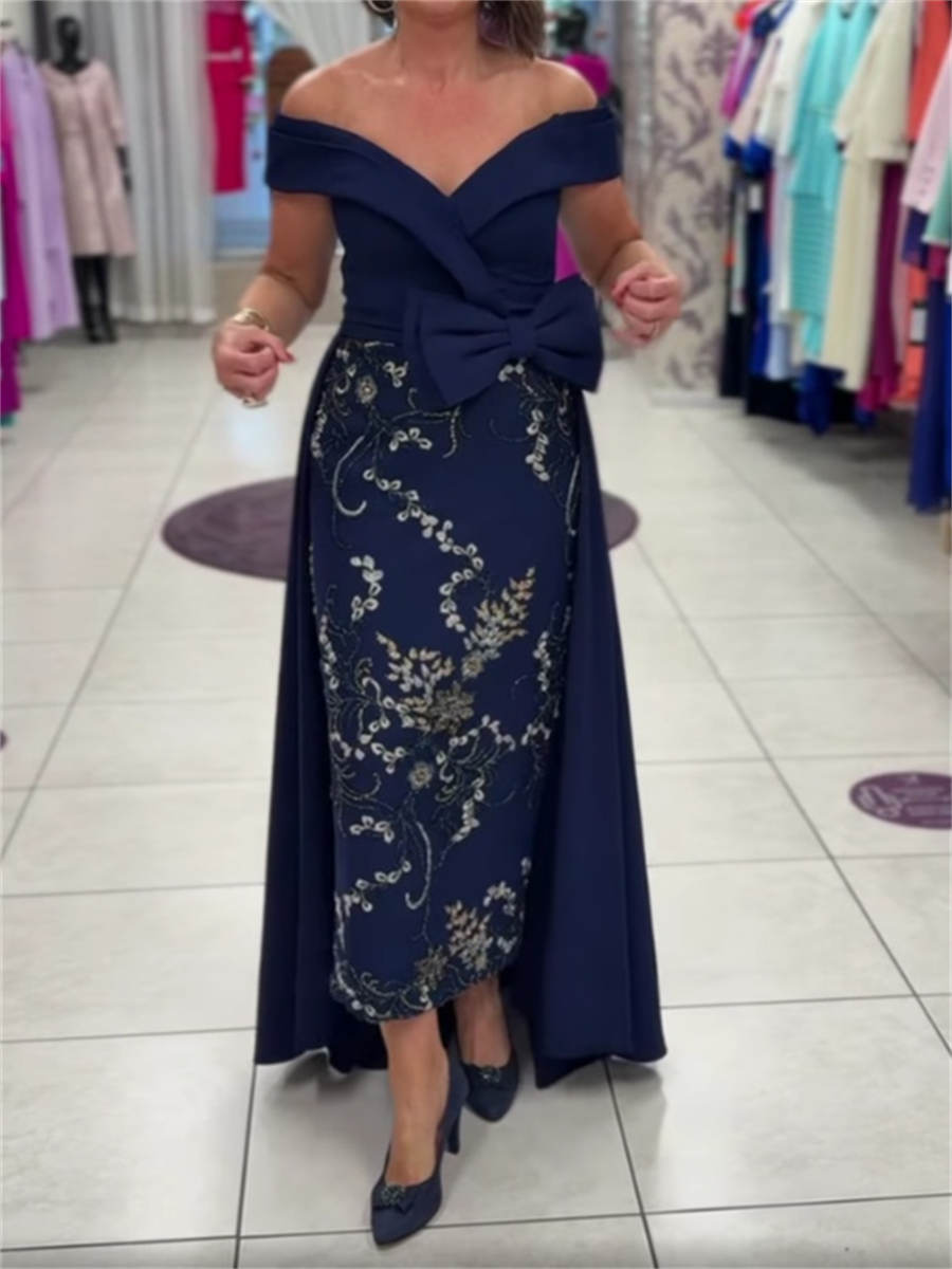 Sheath/Column Off-the-Shoulder Bow Ankle-Length Stretch Crepe Mother of the Bride Dresses
