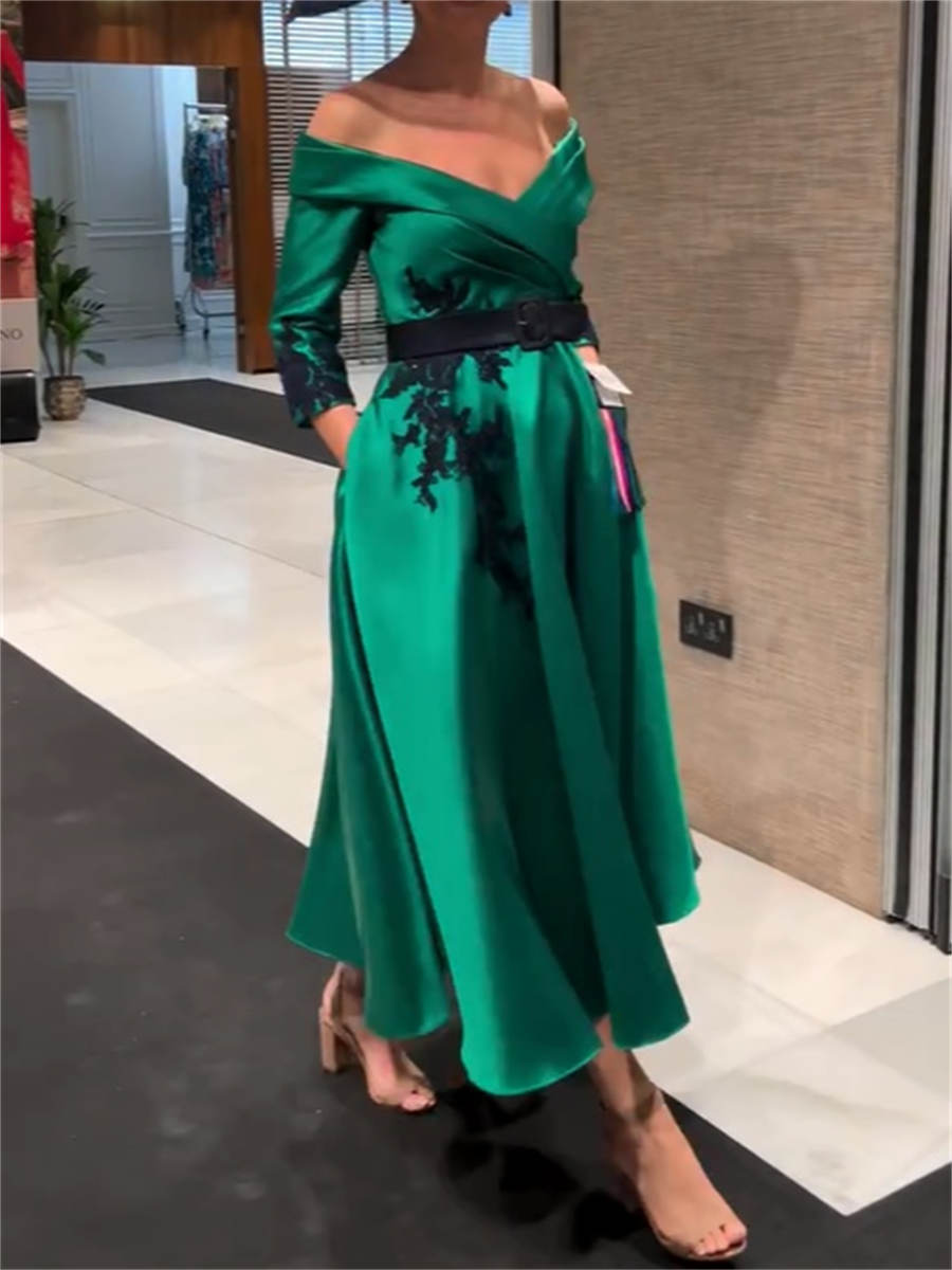 A-line/Princess Off-the-Shoulder 3/4 Sleeves Appliques Lace Tea-Length Satin Mother of the Bride Dresses