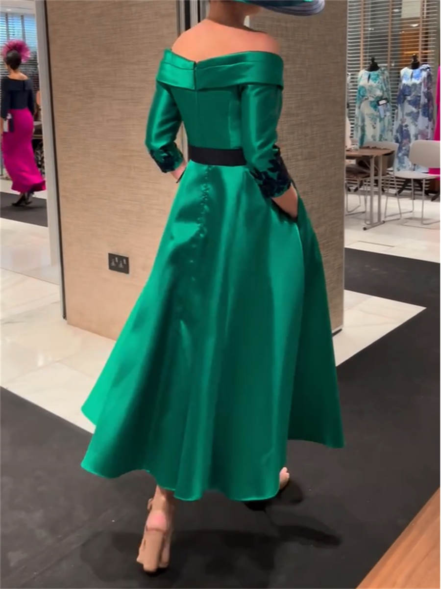 A-line/Princess Off-the-Shoulder 3/4 Sleeves Appliques Lace Tea-Length Satin Mother of the Bride Dresses