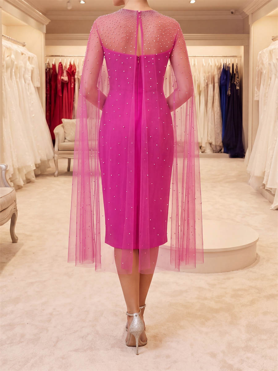 Sheath/Column Illusion Long Sleeves Beading Tea-Length Stretch Crepe Mother of the Bride Dresses