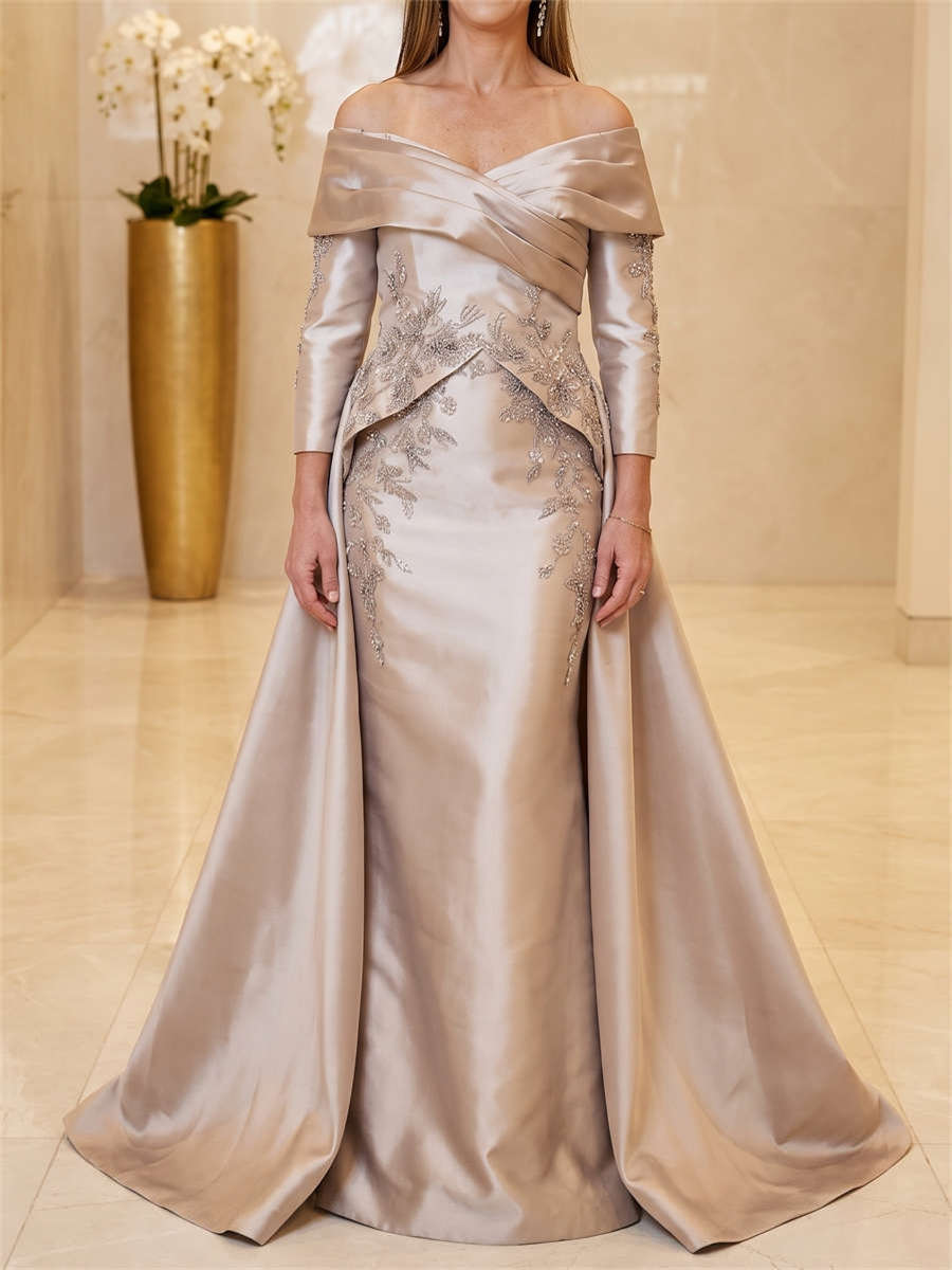 Sheath/Column Off-the-Shoulder 3/4 Sleeves Beading Sweep Train Satin Mother of the Bride Dresses