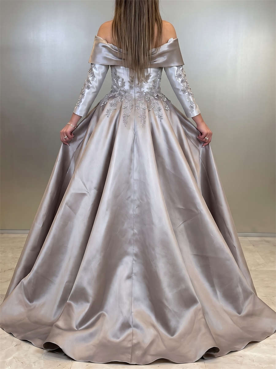 Sheath/Column Off-the-Shoulder 3/4 Sleeves Beading Sweep Train Satin Mother of the Bride Dresses