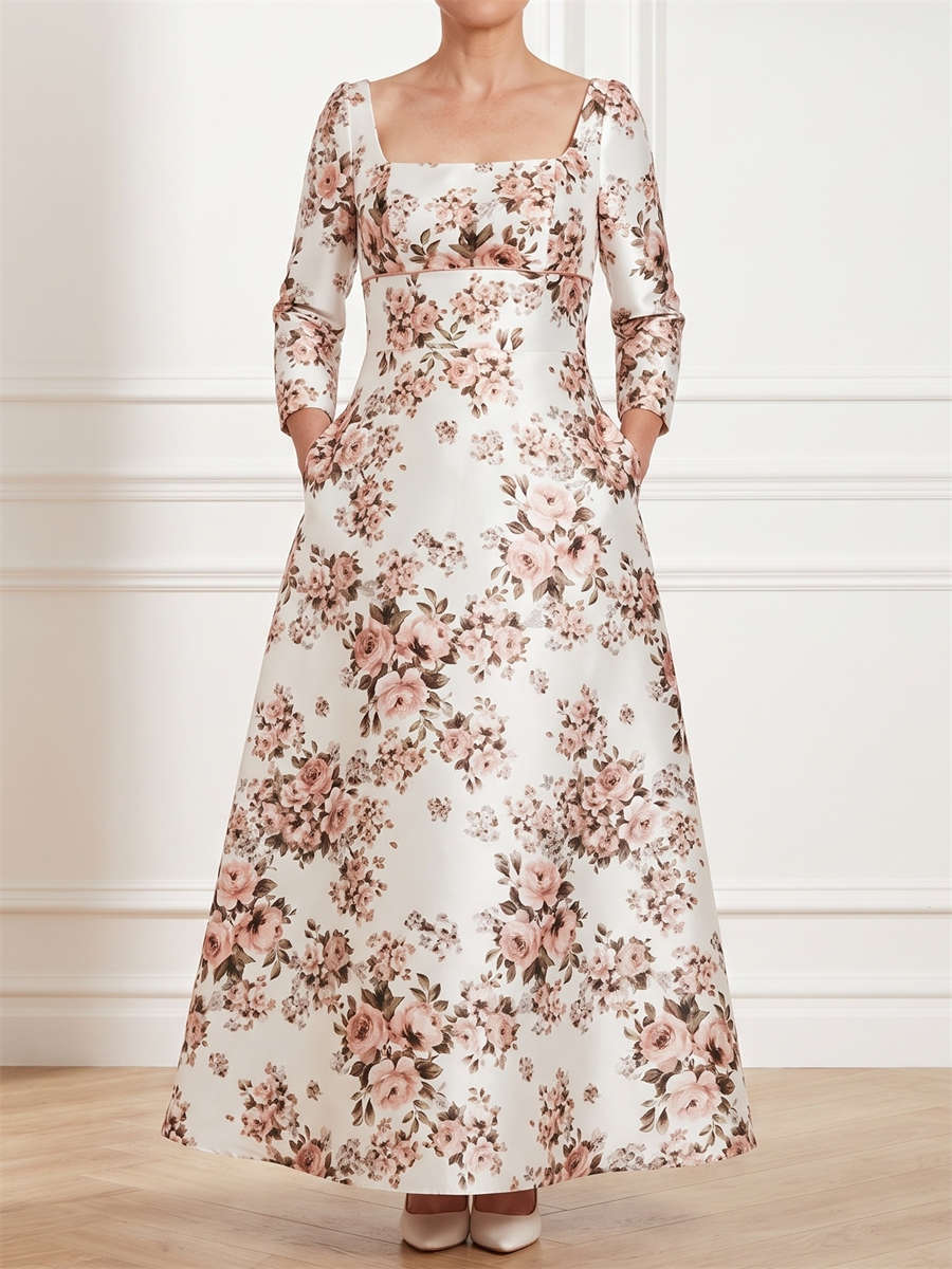 A-line/Princess Square 3/4 Sleeves Flower Ankle-Length Satin Mother of the Bride Dresses