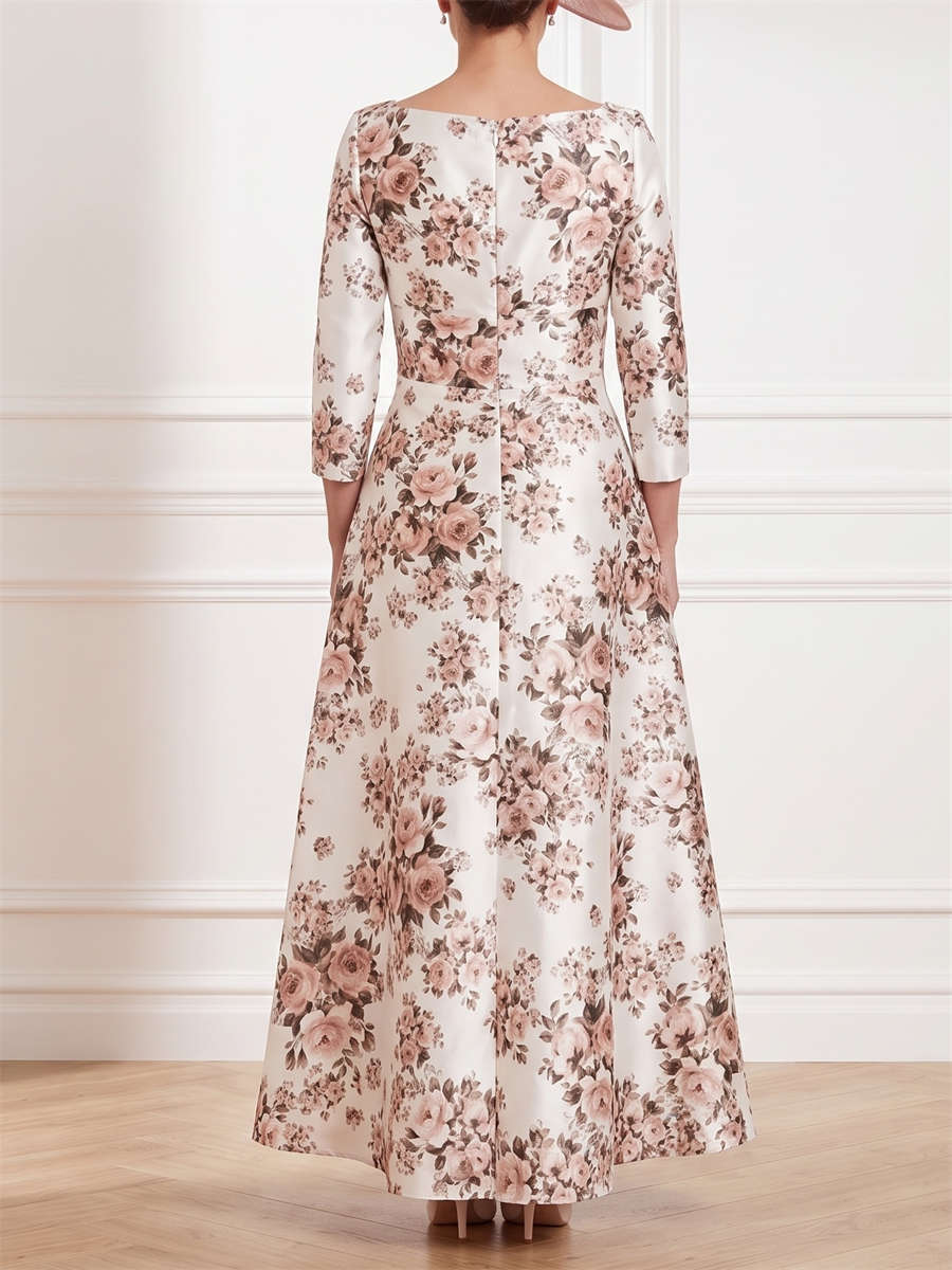 A-line/Princess Square 3/4 Sleeves Flower Ankle-Length Satin Mother of the Bride Dresses