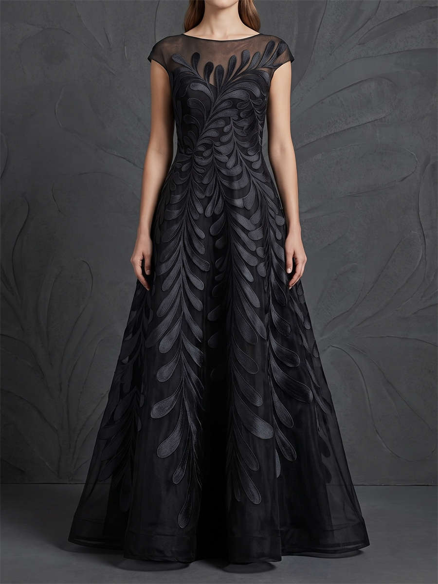 A-line/Princess Illusion Short Sleeves Appliques Lace Floor-Length Tulle Mother of the Bride Dresses