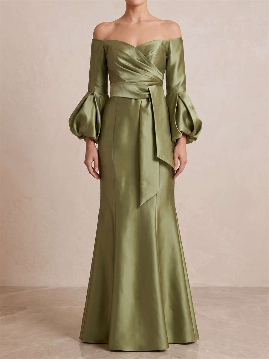 Sheath/Column Off-the-Shoulder Long Sleeves Sash/Ribbon/Belt Floor-Length Satin Mother of the Bride Dresses