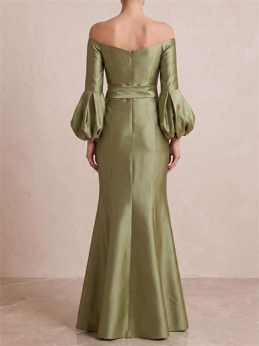 Sheath/Column Off-the-Shoulder Long Sleeves Sash/Ribbon/Belt Floor-Length Satin Mother of the Bride Dresses