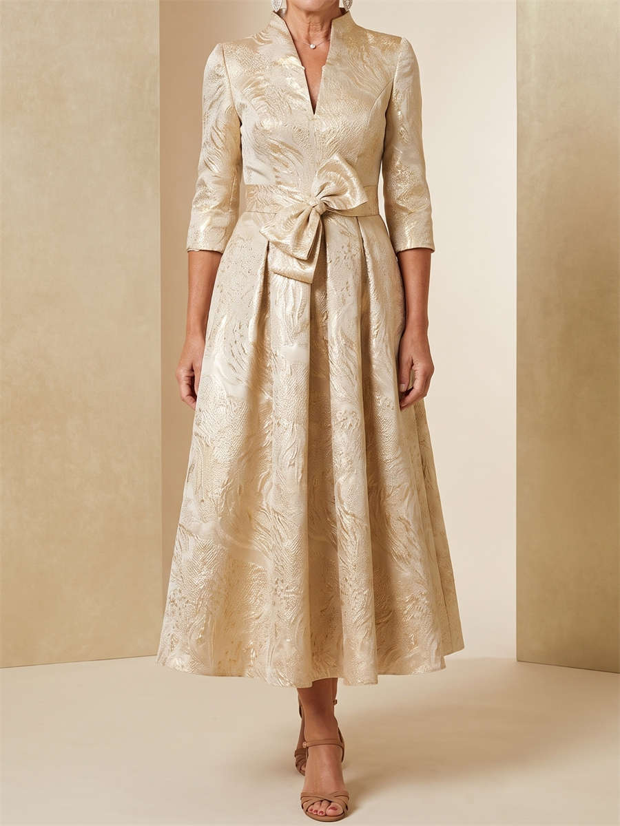 A-line/Princess V-neck 3/4 Sleeves Bow Ankle-Length Satin Mother of the Bride Dresses