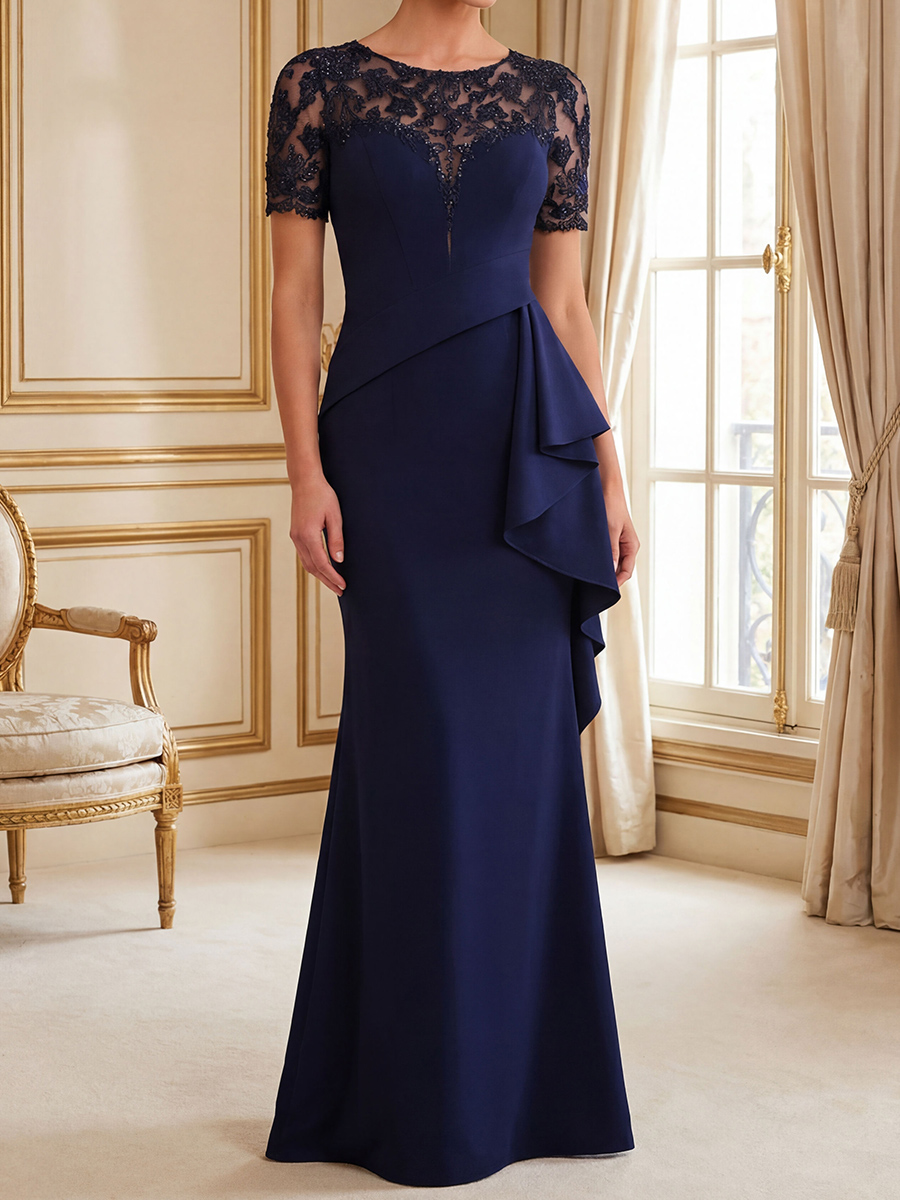 Sheath/Column Scoop Short Sleeves Appliques Lace Sweep Train Stretch Crepe Mother of the Bride Dresses
