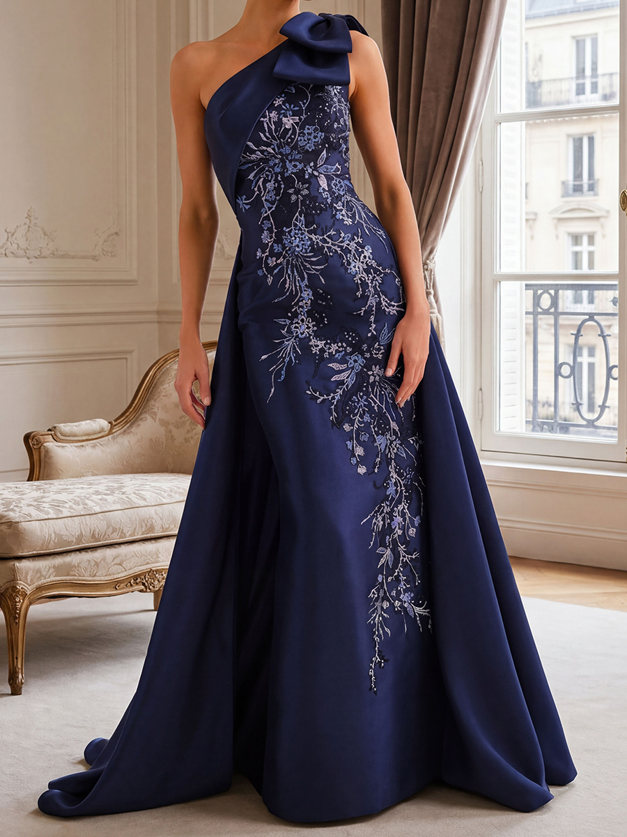 Sheath/Column One-Shoulder Appliques Lace Floor-Length Satin Mother of the Bride Dresses