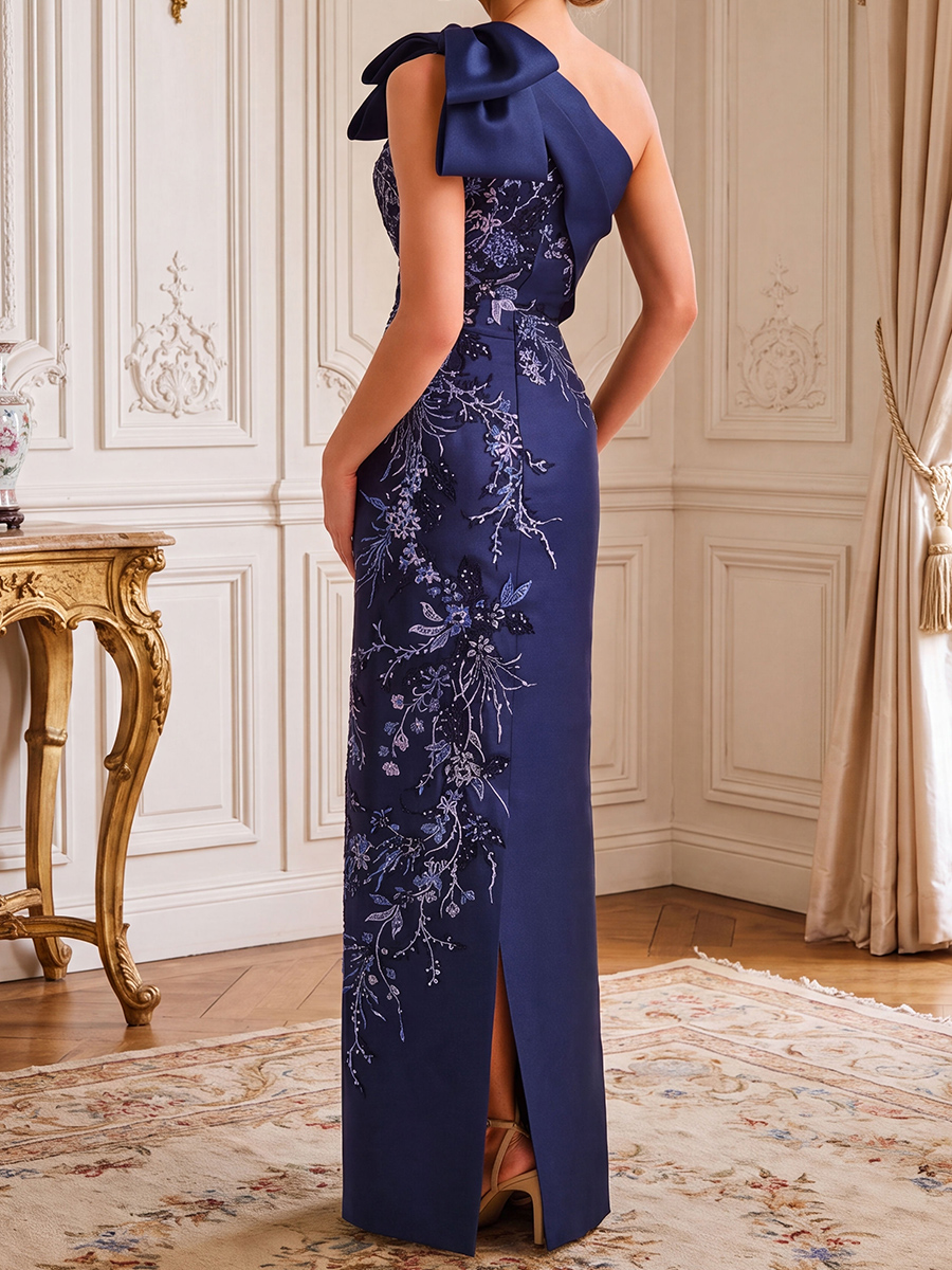Sheath/Column One-Shoulder Appliques Lace Floor-Length Satin Mother of the Bride Dresses