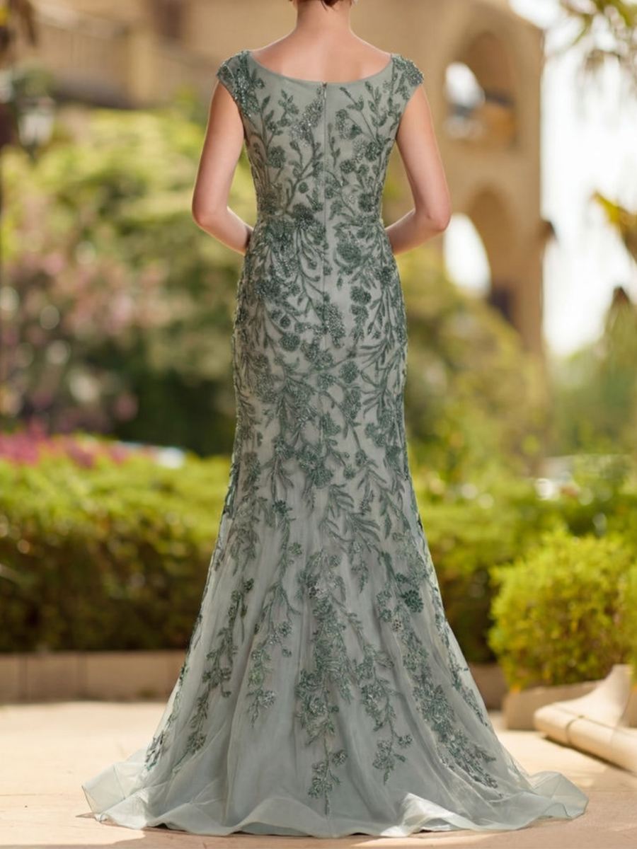 Sheath/Column V-neck Appliques Lace Sweep Train Tulle Mother of the Bride Dresses