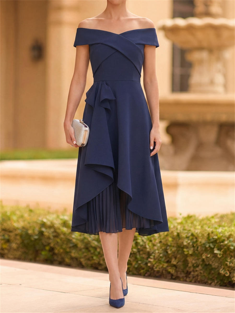 Svelte A-Line Off-the-Shoulder Pleated Tea-Length Stretch Crepe