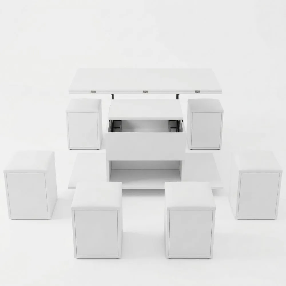 Mesa de Centro Elevable con Almacenamiento y 4 Taburetes, 100 x 50 x 48 cm, Mesa de Café Extensible para Sala de Estar, Blanco
