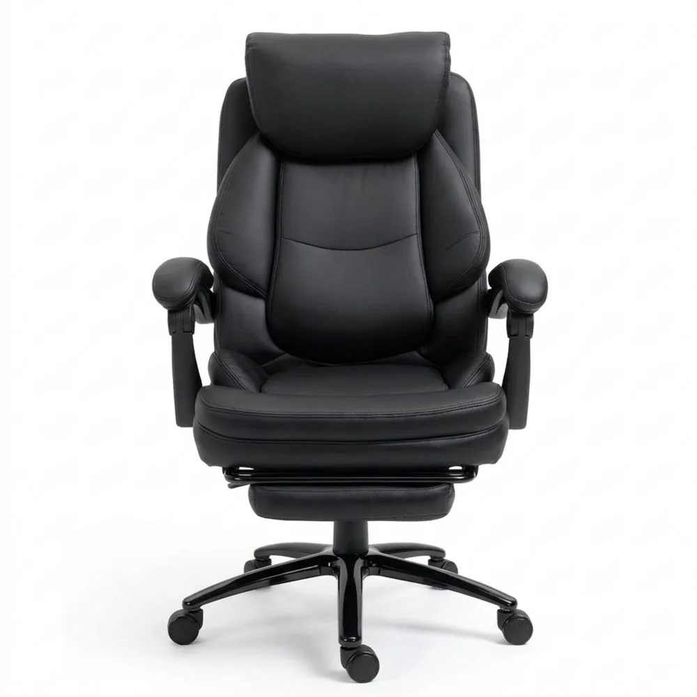 Silla ergonómica de oficina con respaldo inclinable y reposapiés retráctil, negro