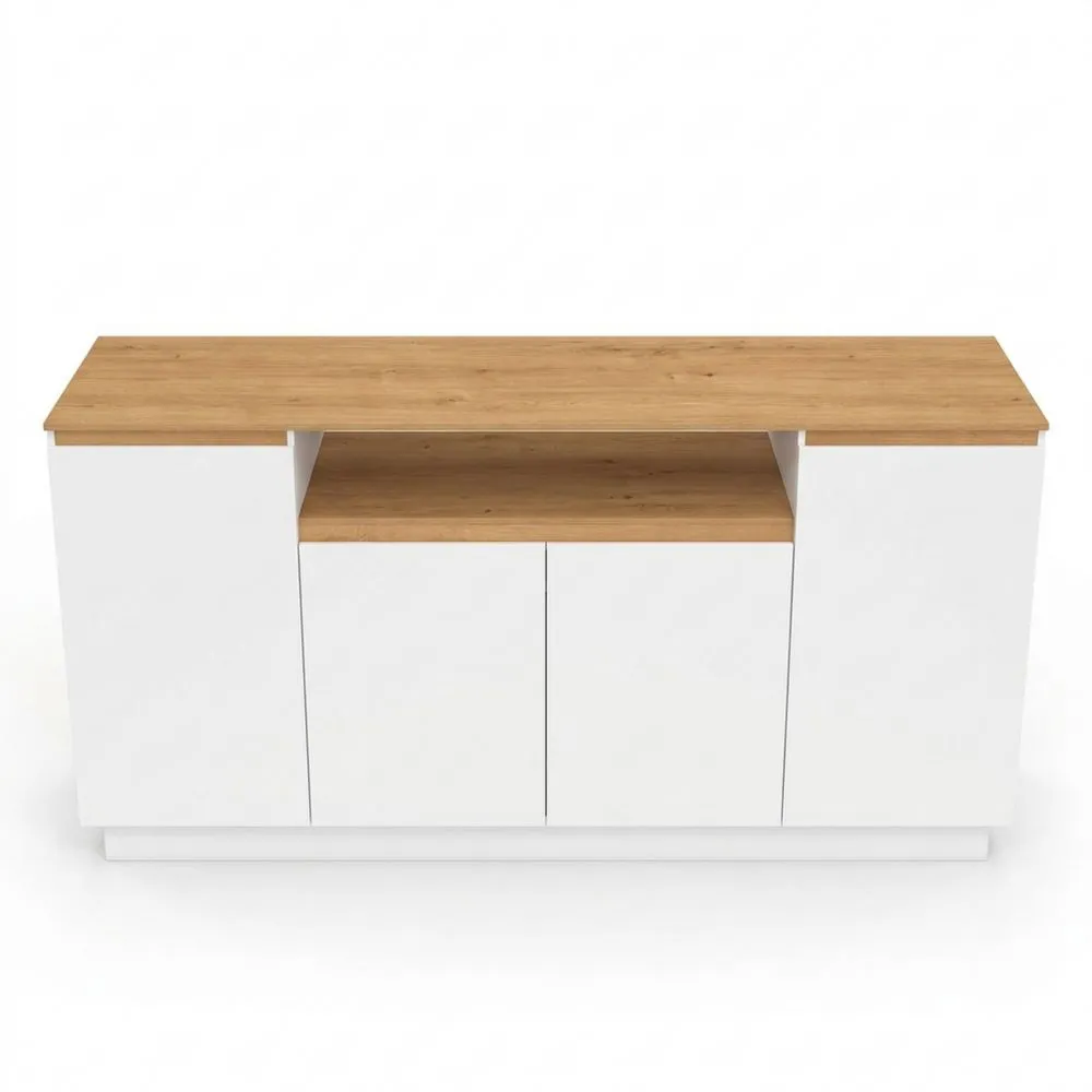 Aparador de 4 puertas con nicho central en blanco y efecto madera 160 cm