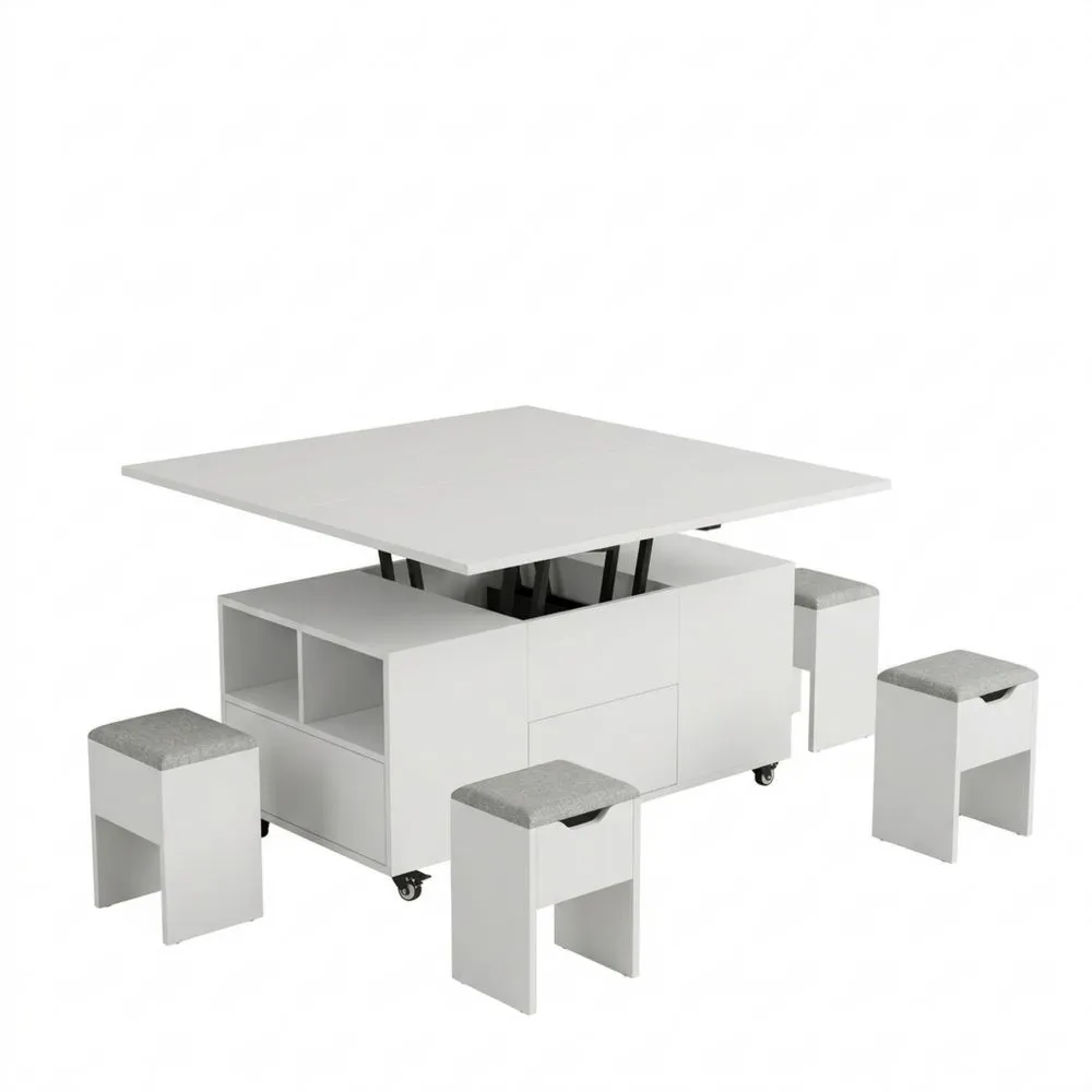 Mesa de Centro Elevable Multifuncional con Cajón y 4 Taburetes, Convertible en Mesa de Comedor, 106 x 106 x 68 cm, Blanco