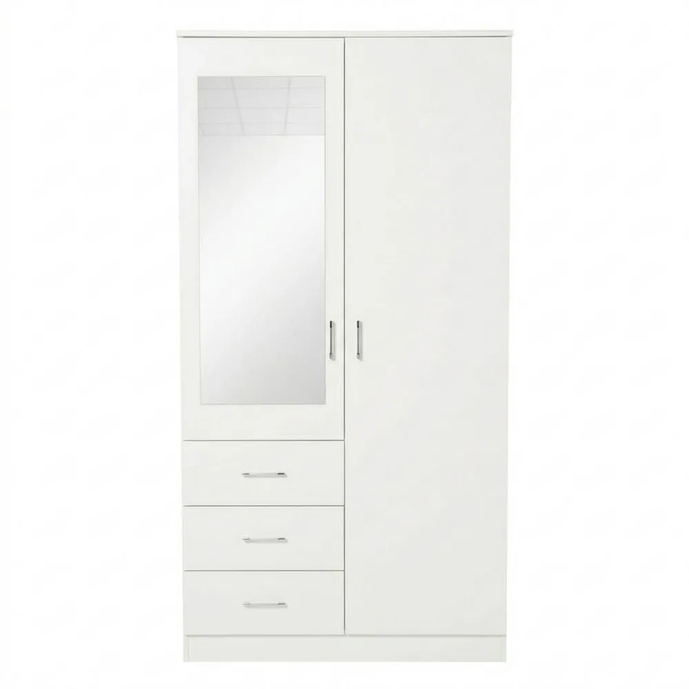 Armario con Espejo, 2 Puertas y 3 Cajones, Estantes Ajustables, Barra para Colgar, Mueble Auxiliar para Dormitorio, 80 x 50 x 180 cm, Blanco