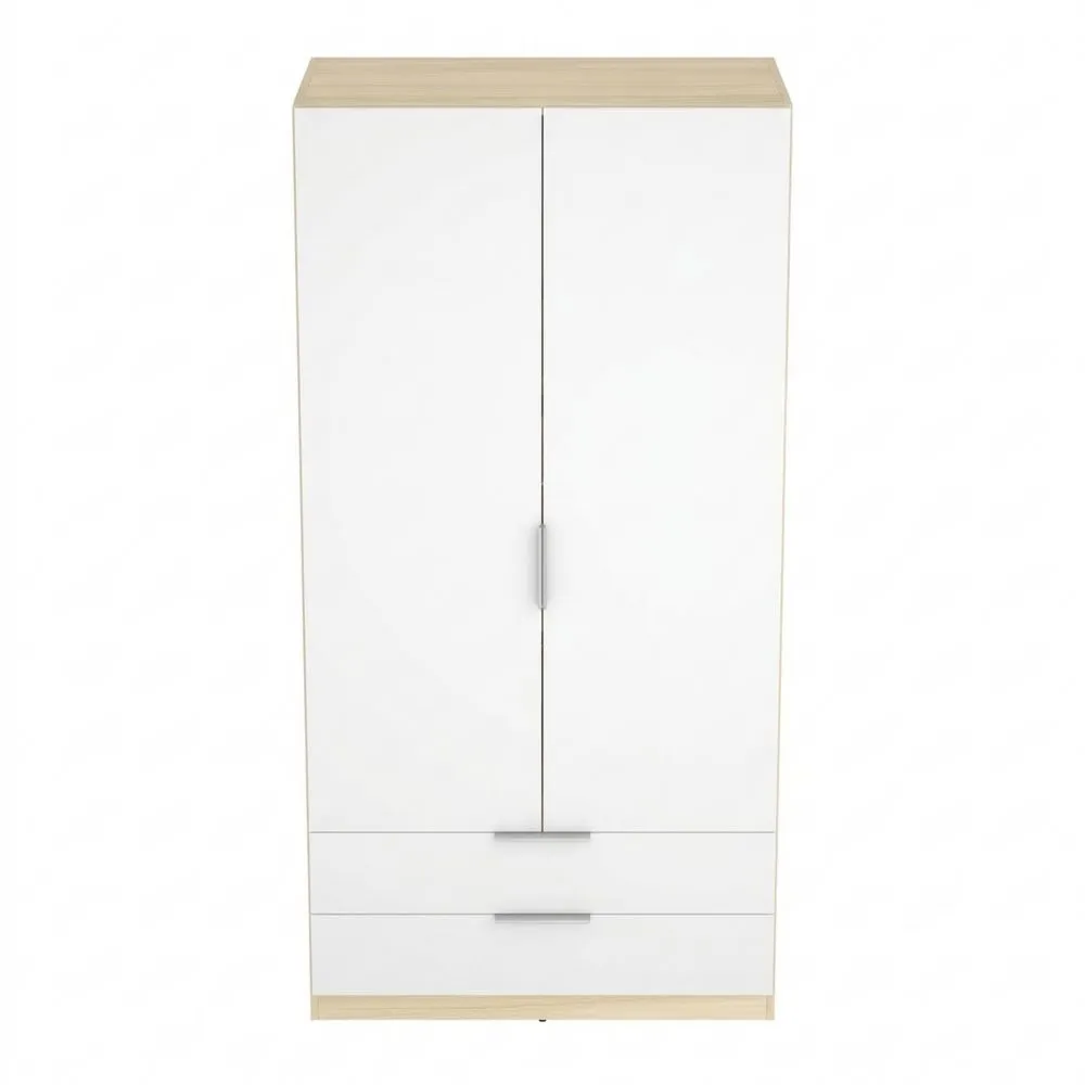 Armario con 2 puertas y 2 cajones, 81 x 180 x 52 cm, blanco y roble canadiense