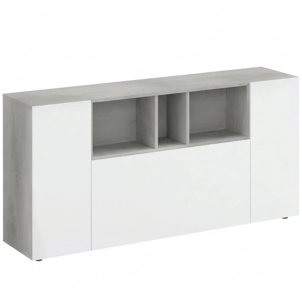 Aparador de 3 Puertas para Sala, Acabado Cemento y Blanco