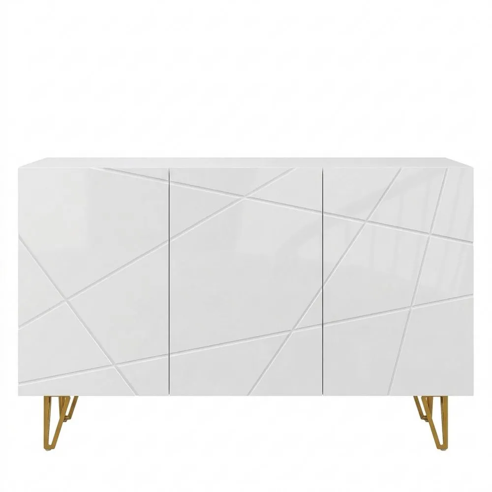 Aparador de Salón con 3 Puertas y Estantes Ajustables, Blanco Brillante