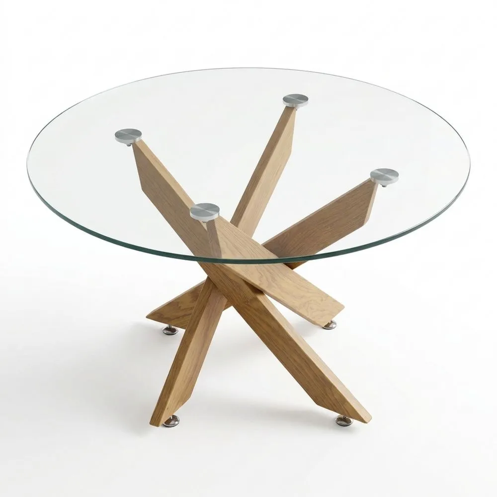 Mesa de Centro de Madera con Cristal Redondo de Diseño Moderno para Salón