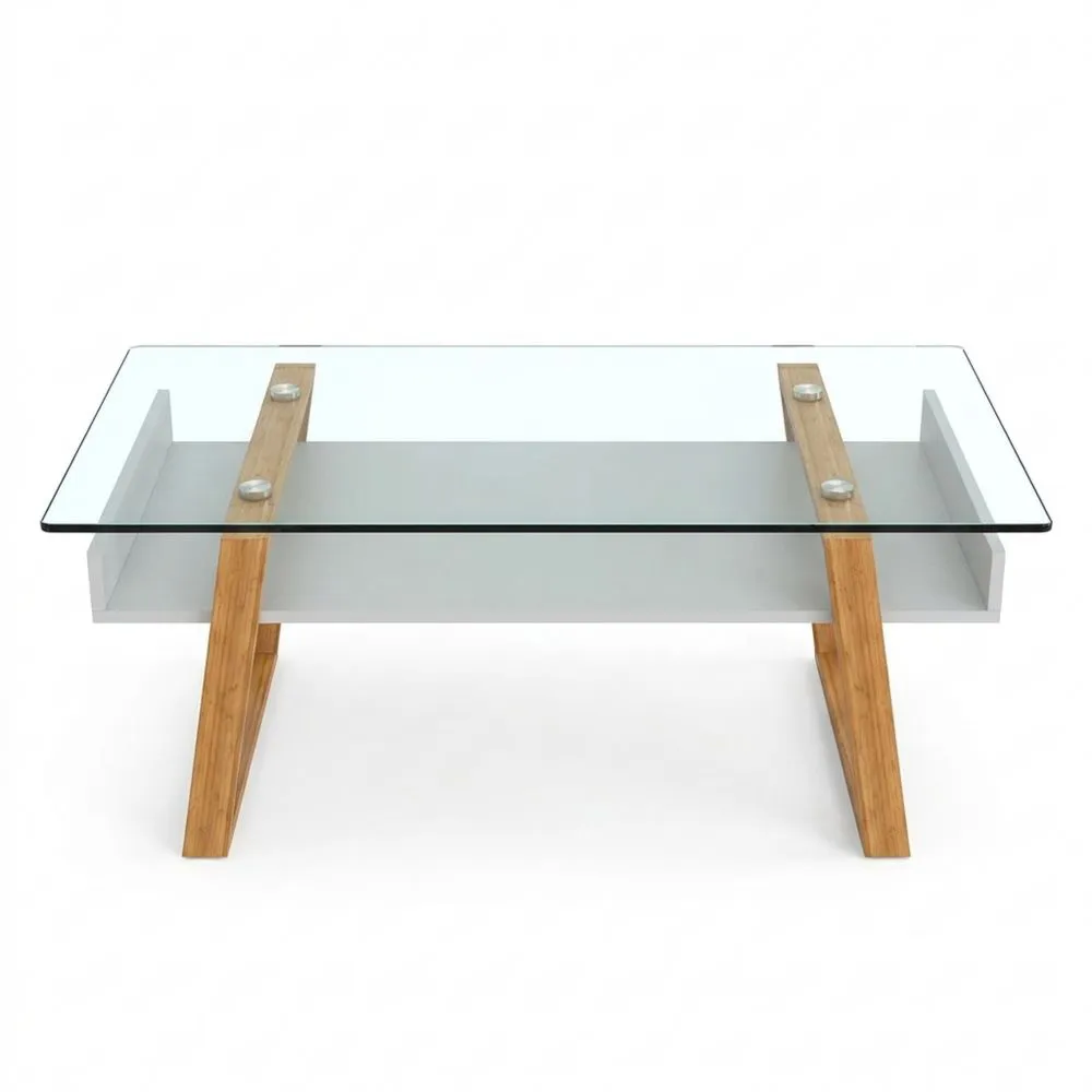 Mesa Auxiliar Rectangular de Cristal y Madera con Bandeja para Revistas, Mesa Baja para Salón y Oficina