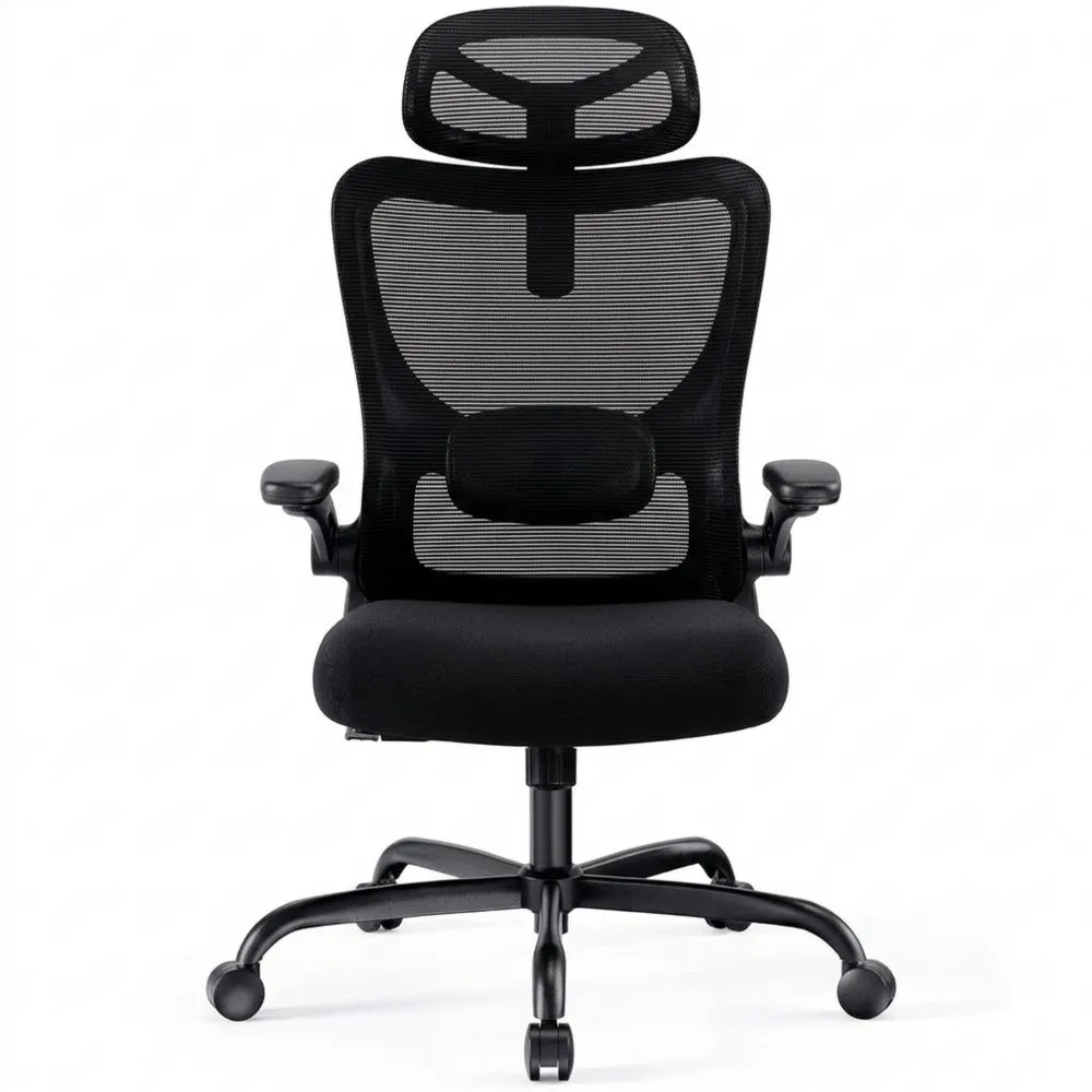 Silla ergonómica de oficina con soporte lumbar ajustable, reposacabezas y brazos
