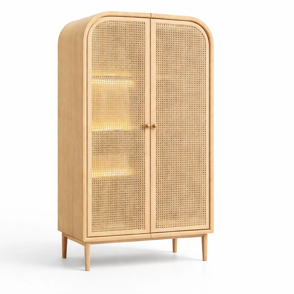 Kleiderschrank mit Rattan Tueren im Naturstil