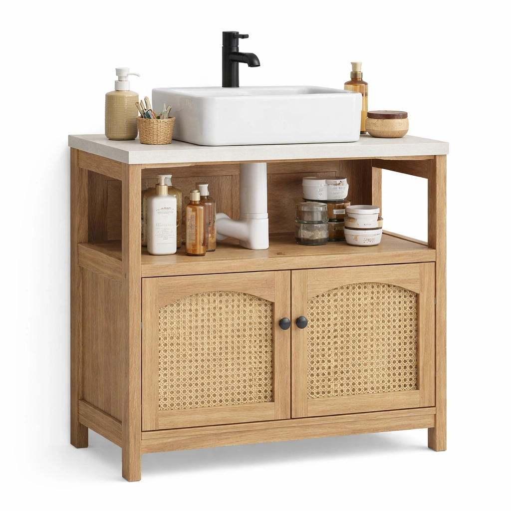 Waschbeckenunterschrank mit Rattan Tueren Holzoptik