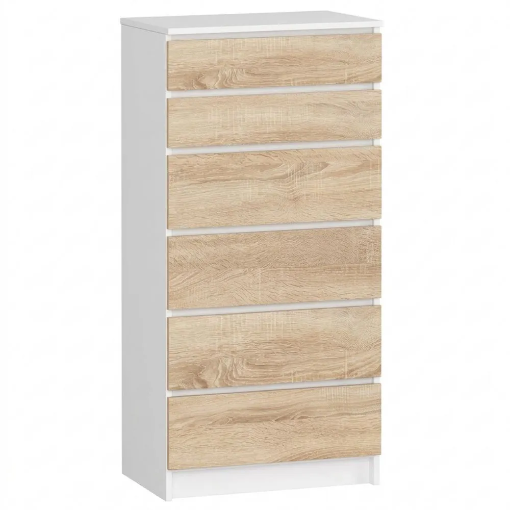 Cómoda Blanca de 6 Cajones en Roble Sonoma 60 x 40 x 130 cm
