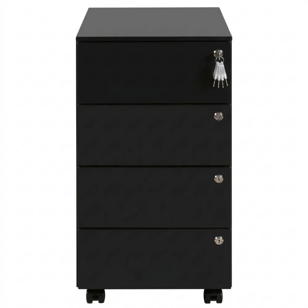 Cajonera Móvil de Metal con Cerradura para Oficina, 4 Cajones, Negro