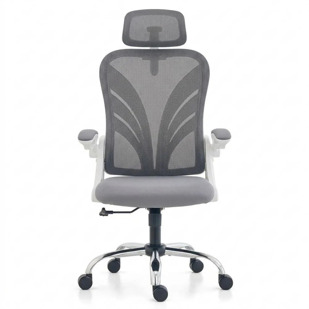 Silla de Oficina Ergonómica Plegable con Reposabrazos, Reposacabezas Ajustable y Soporte Lumbar de Malla, Giratoria para Ordenador, Blanca