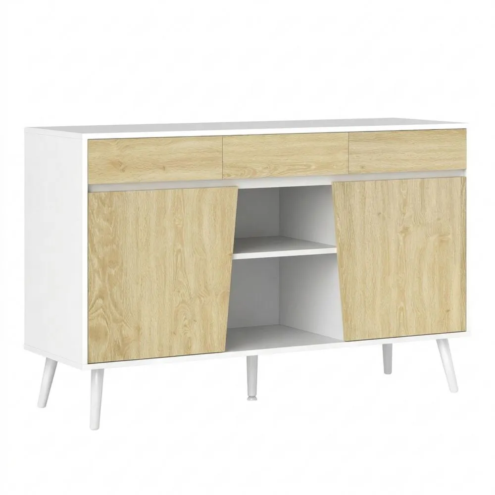 Aparador Blanco y Natural con Puertas y Cajones para Sala