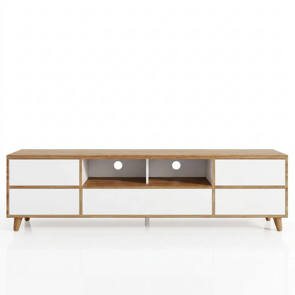 Mueble de TV de salón en tonos blancos y madera con cajones y puertas de estilo rústico natural