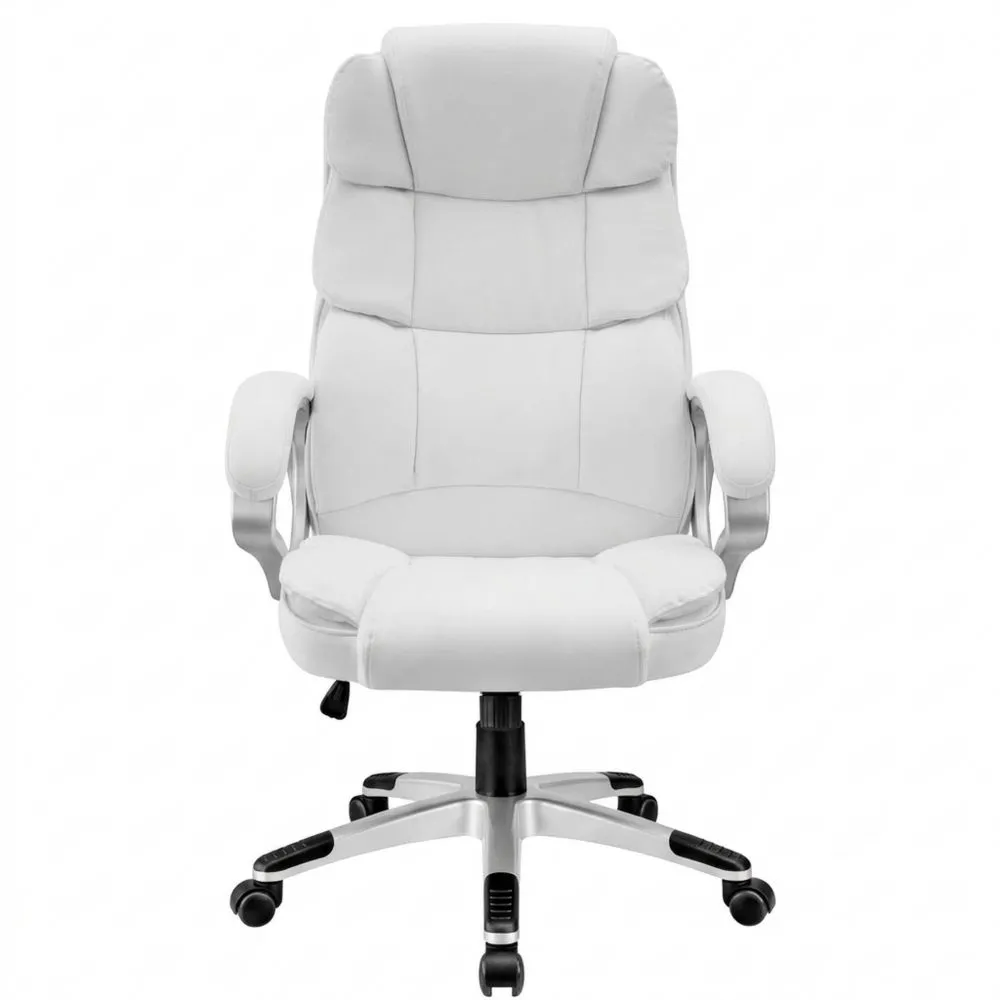 Silla de Oficina Ergonómica de Cuero PU con Reposacabezas Acolchado y Ajuste de Altura, Base Giratoria con Ruedas, Amortiguador de Seguridad - Blanco