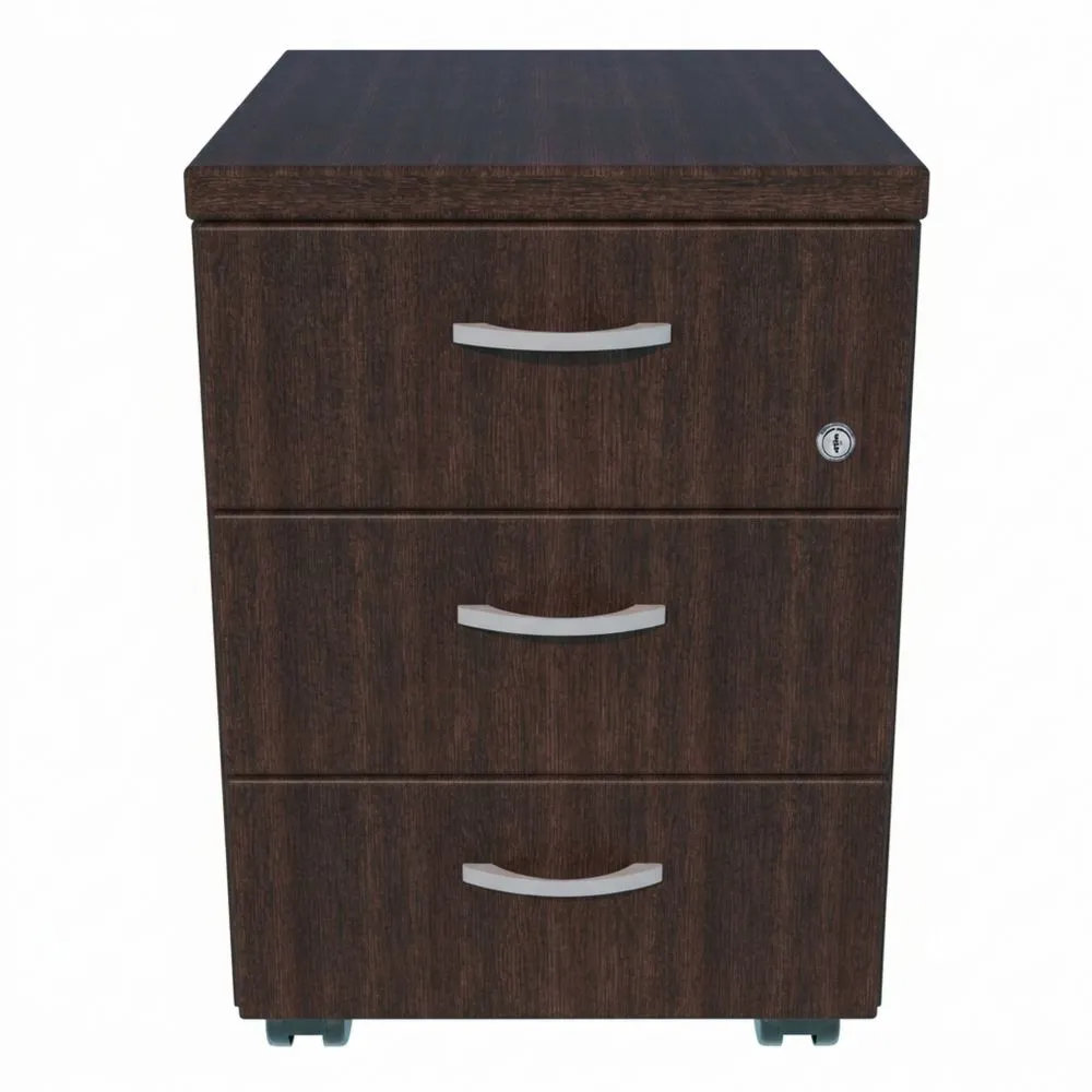 Cajonera de 3 Cajones con Ruedas y Cerradura, Color Wengué