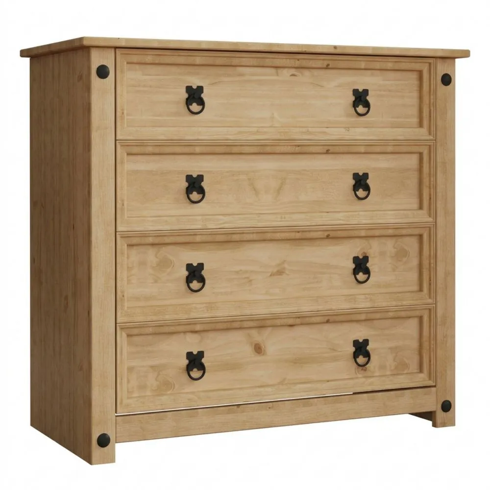 Cómoda de 4 Cajones de Madera de Pino Macizo y Acabado Encerado