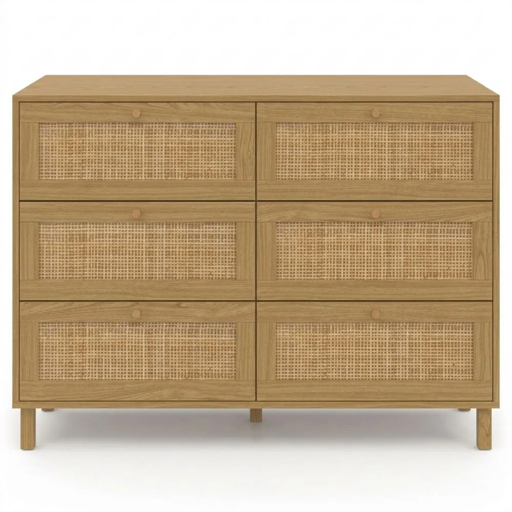 Cómoda con 6 Cajones de Efecto Natural en Ratán de 115 cm