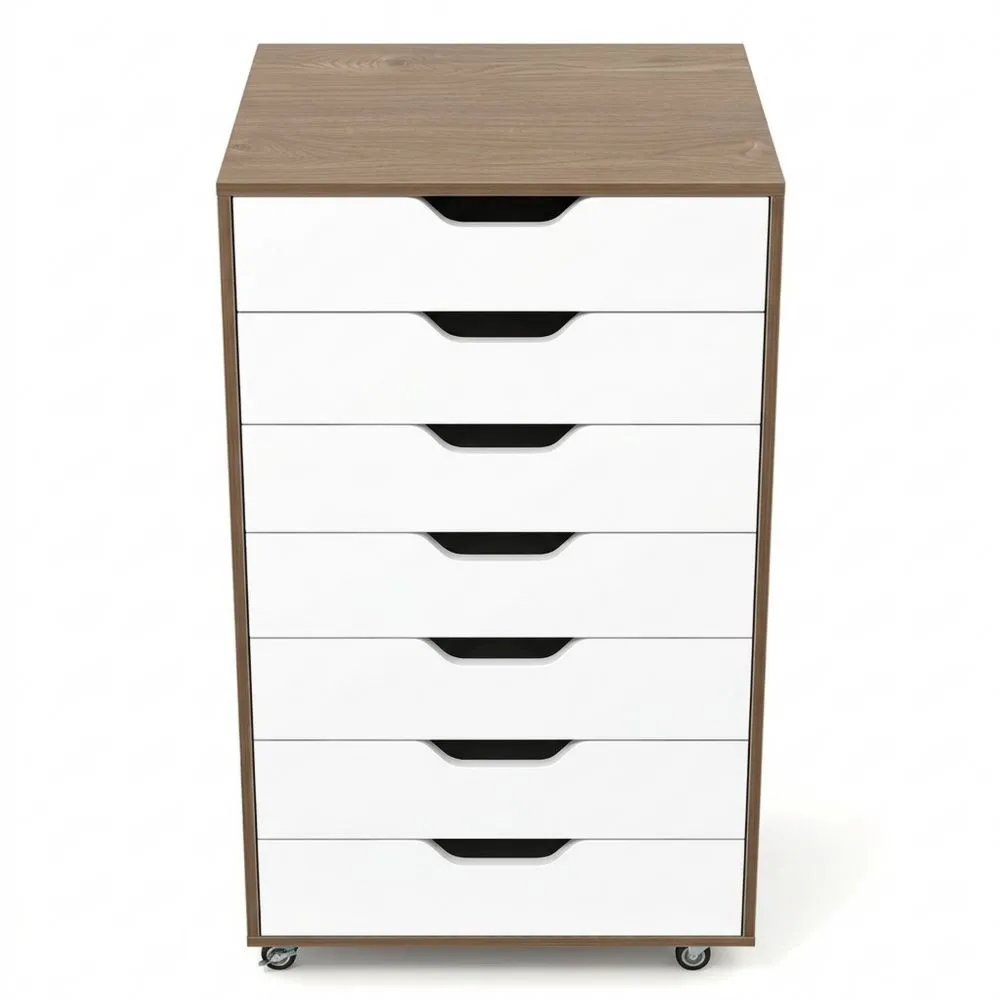 Cajonera Móvil con Ruedas y 7 Cajones, Armario de Almacenamiento para Oficina, Salón y Dormitorio, 49 x 40 x 87 cm, Blanco y Natural